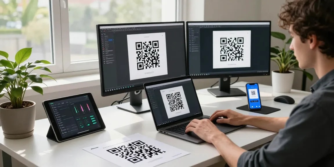 Creating dynamic QR codes for free using our advanced QR Code Generator in a modern workspace.