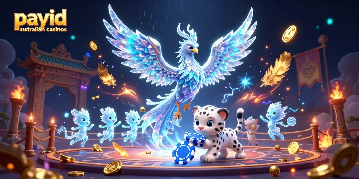 Join the action at payid australian casinos with a vibrant scene of gaming fun, featuring animated characters and casino elements.