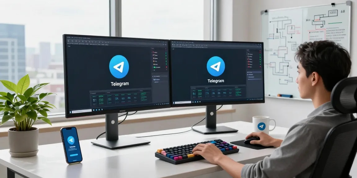 Experience the latest Telegram download in a modern workspace, highlighting tech innovation.