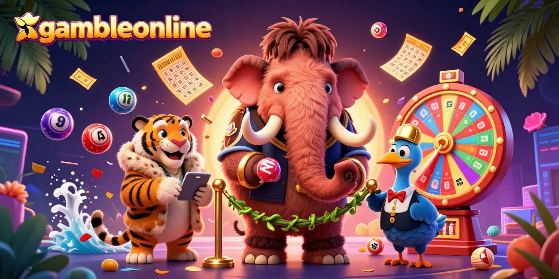Engaging scene at gambleonline featuring colorful lottery elements and fun characters in a vibrant casino setting.