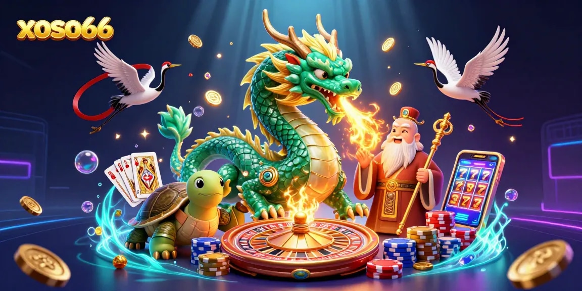 Experience the excitement of xoso66 with a vibrant casino scene featuring a jade dragon, lucky cranes, and dynamic gaming elements.