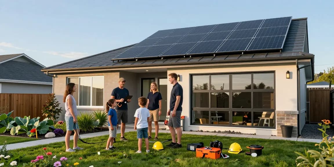 solar battery installation Kelowna, family observing eco-friendly solar panel installation at home