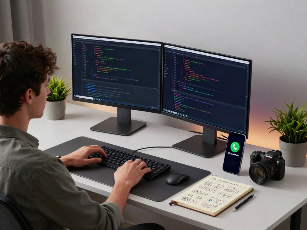 Developer's workspace showcasing the GB WhatsApp new version apk features with dual monitors and coding tools.