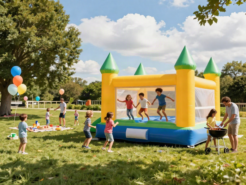 Children jumping in a vibrant inflatable castle during a family outdoor party.