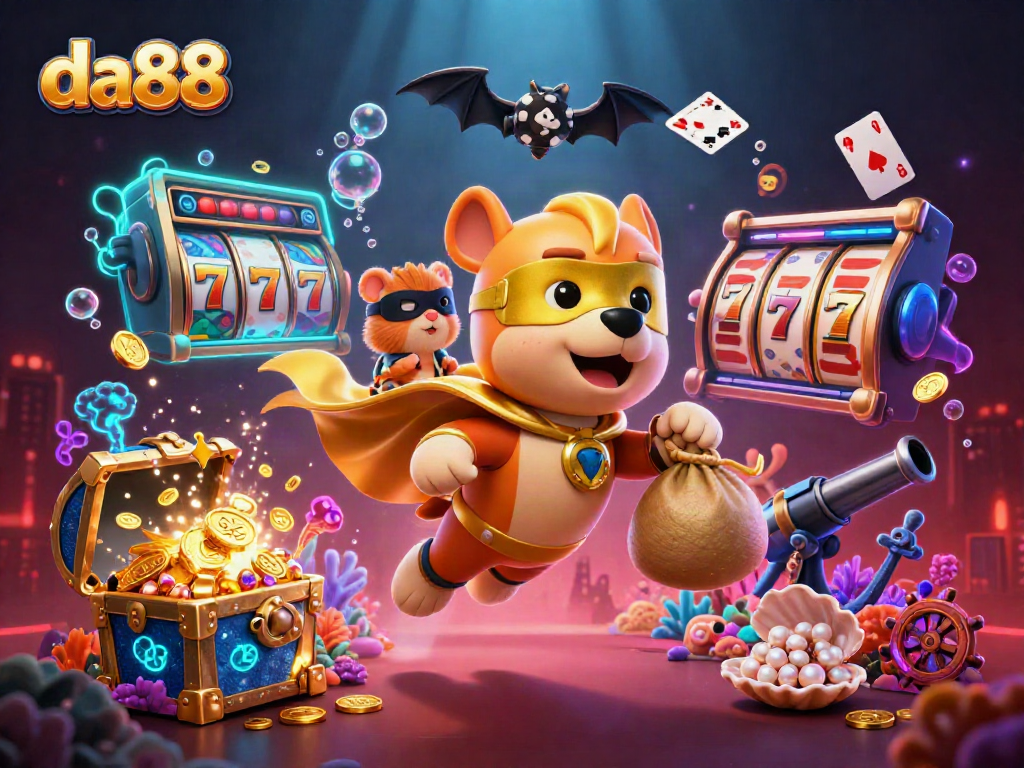 Experience the thrill of da88 with a dazzling cartoon superhero dog and hamster in an exciting casino adventure.