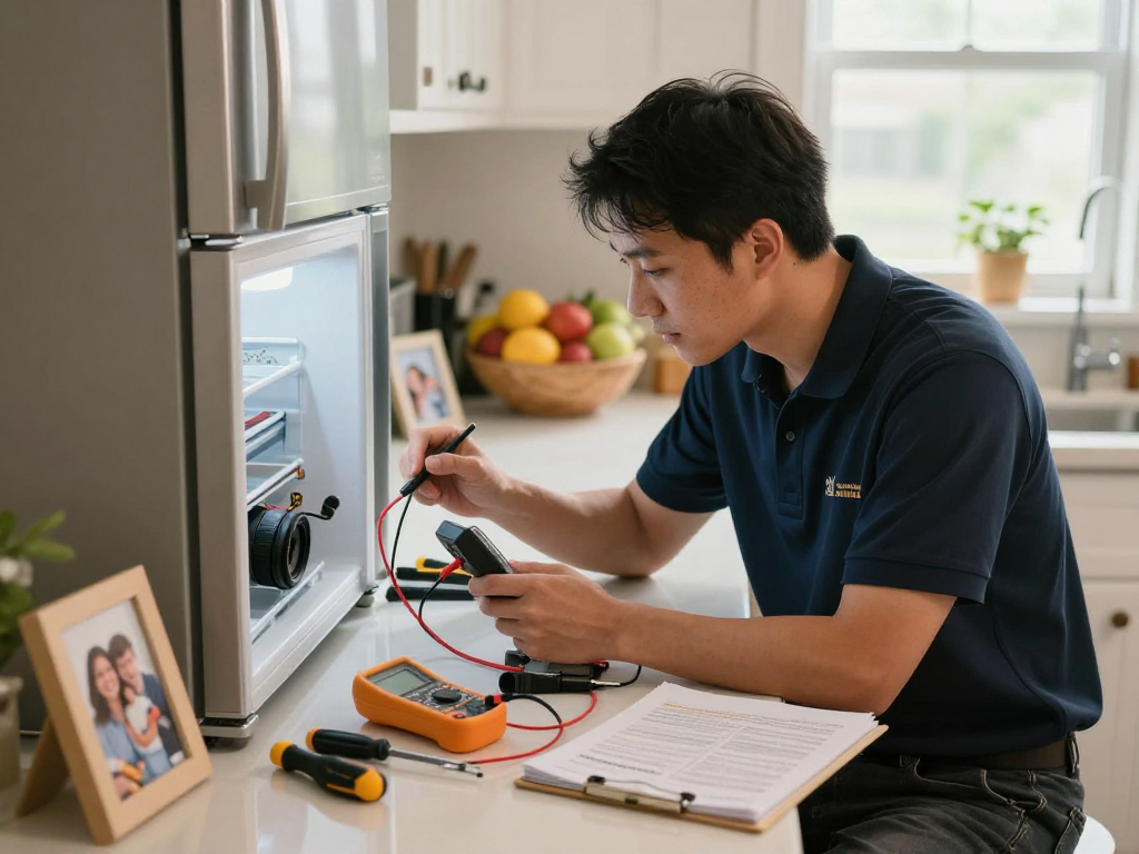 Appliance Repair in Vaughan technician diagnosing a modern refrigerator in a cozy kitchen.