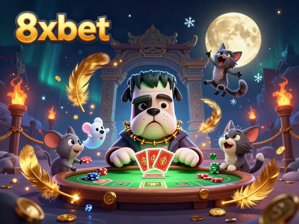 8xbet features a playful scene with cartoon characters in a casino setting, showcasing engaging gambling action.