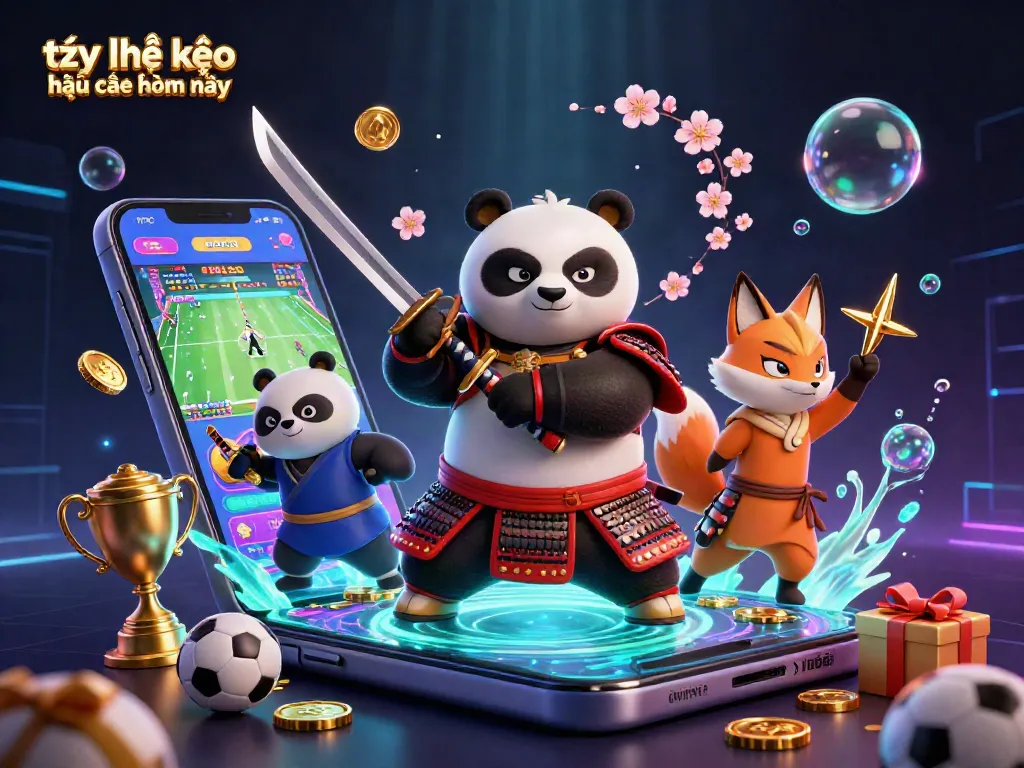 Engage with the tỷ lệ kèo nhà cái hôm nay as a vibrant samurai panda and ninja fox illustrate the excitement of sports betting.