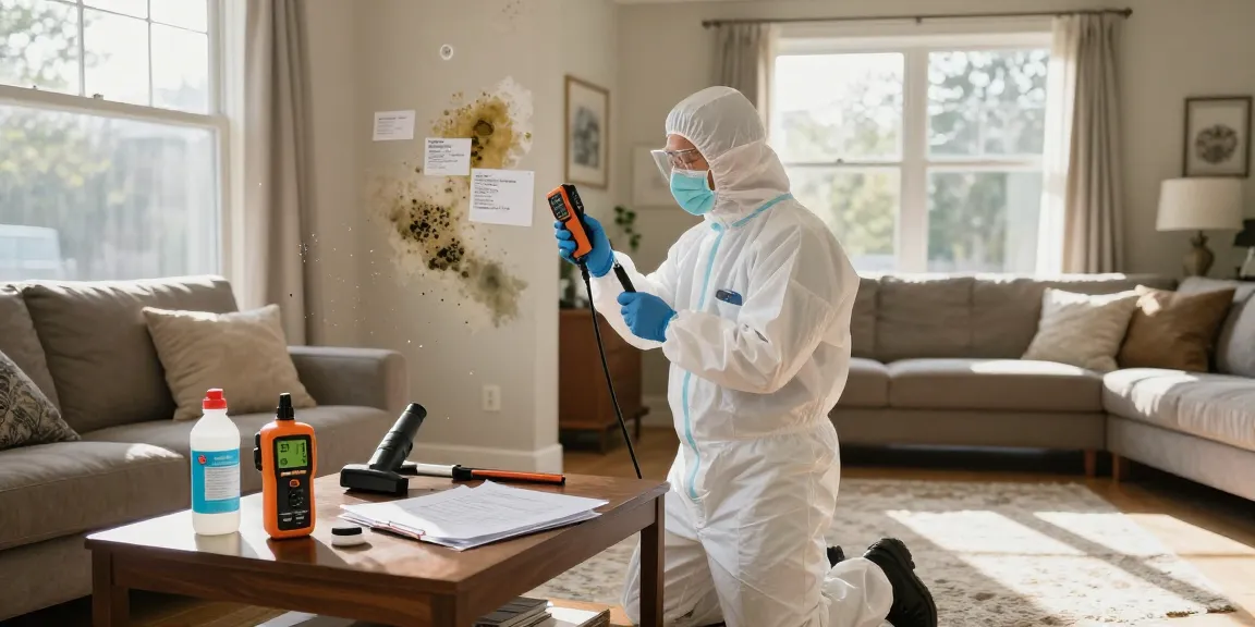 Mold remediation technician inspecting for mold in a West Vancouver home, emphasizing expert services and safety.