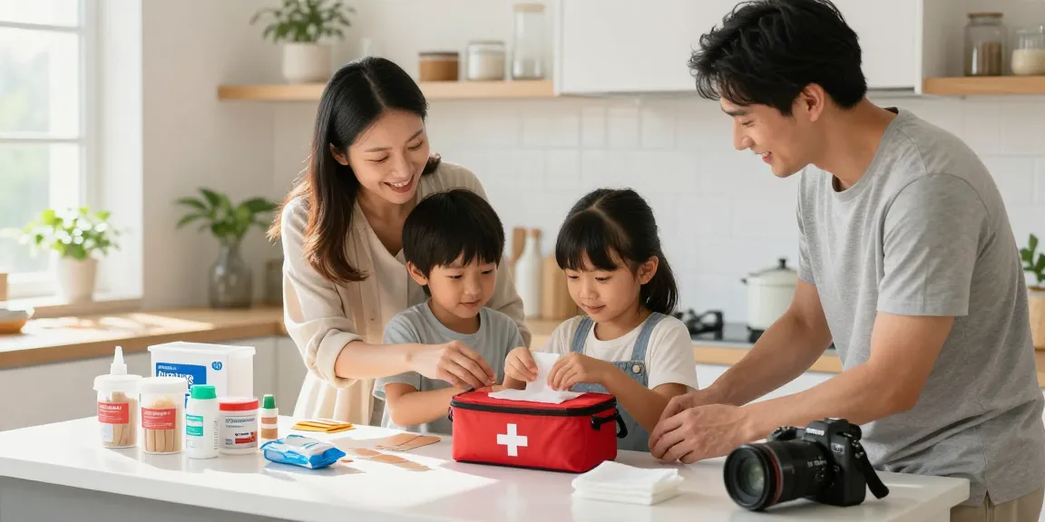 Family preparing a basic first aid kit checklist in a cheerful kitchen.