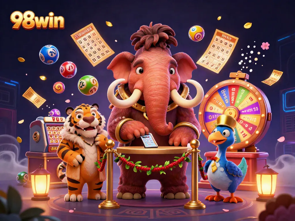 Experience energetic casino excitement with unique characters at 98win, surrounded by vibrant game elements.