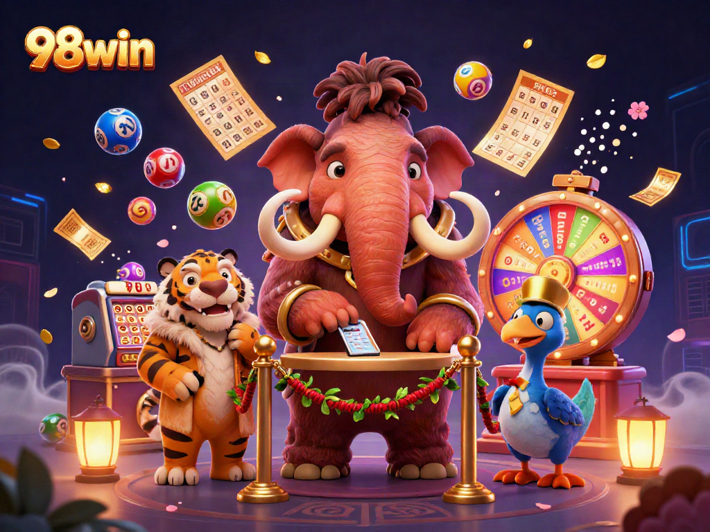 Experience energetic casino excitement with unique characters at 98win, surrounded by vibrant game elements.