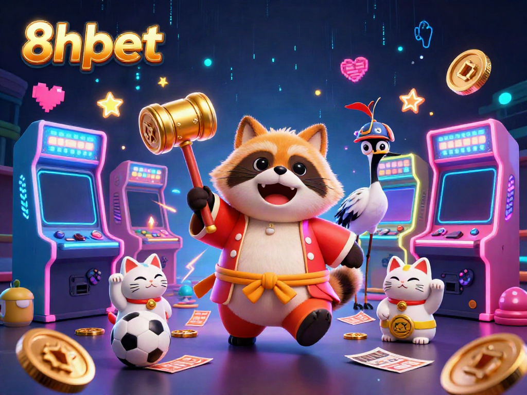 Enjoy thrilling sports betting with 8xbet featuring a cheerful raccoon and lucky cats in vibrant casino scene.