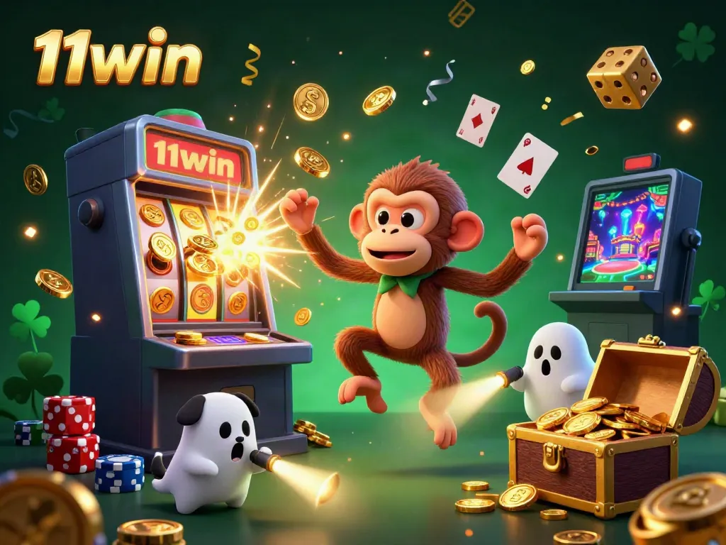 Experience thrilling wins with 11win as a playful monkey juggles treasures in a haunted casino scene.