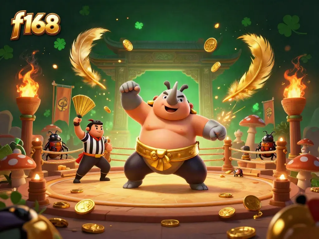 Engage in thrilling casino action with f168 as a sumo beetle champion sends coins flying in a vibrant arena.