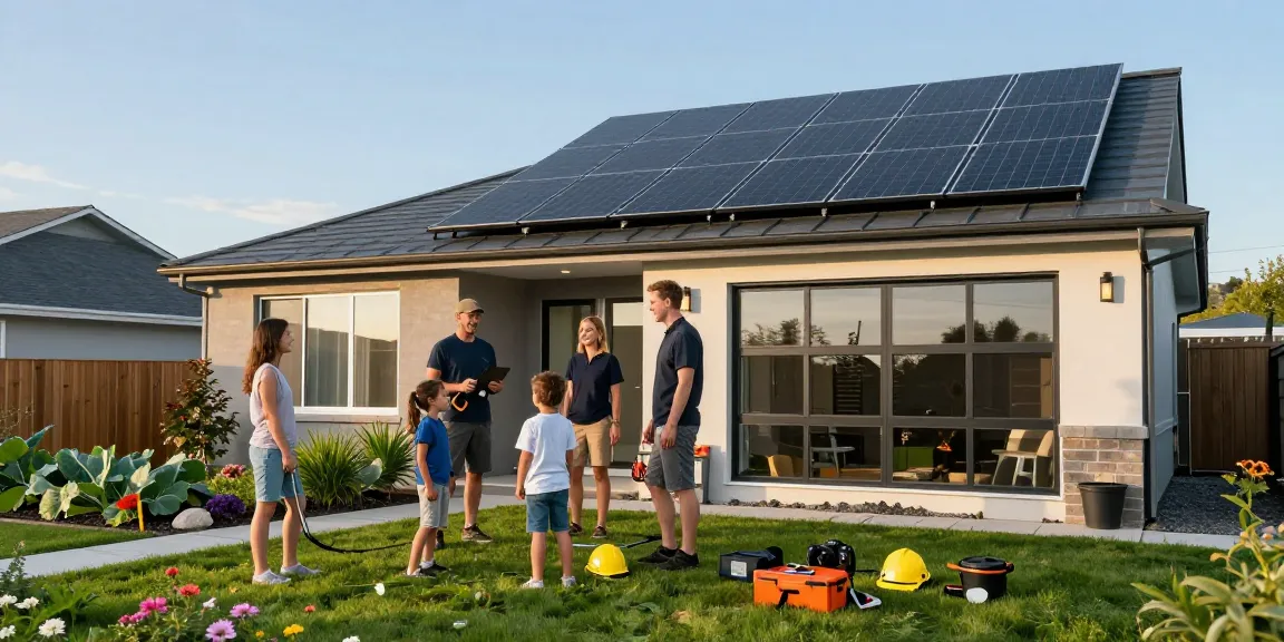 solar battery installation Kelowna, family observing eco-friendly solar panel installation at home