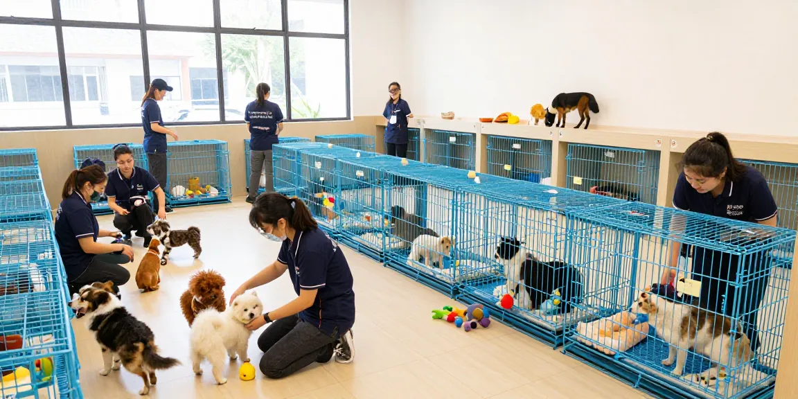 Pet Boarding facility with various animal cages and caring staff.