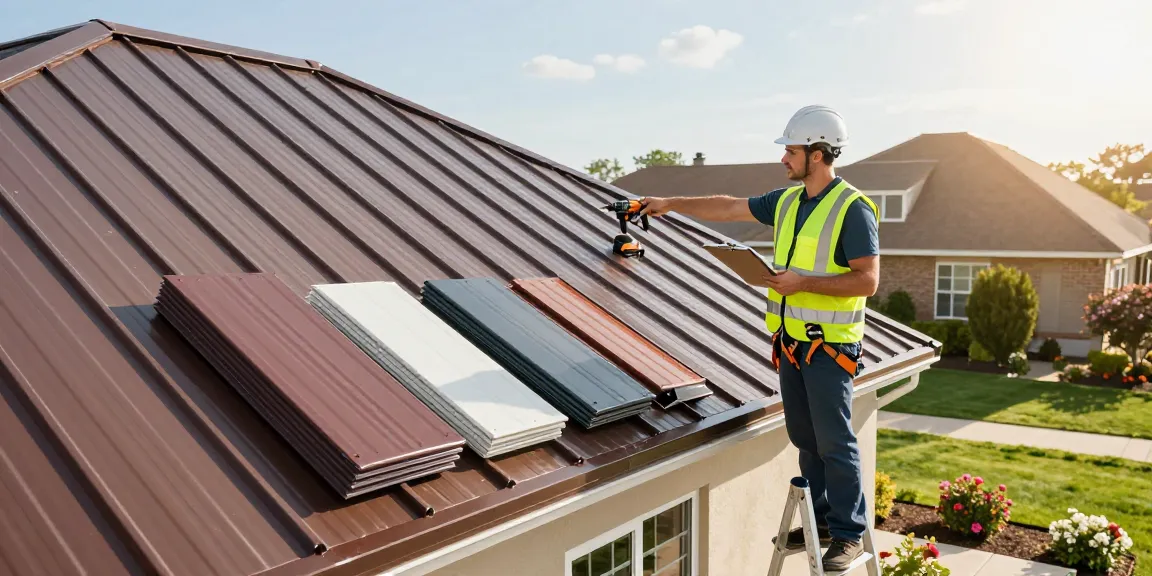 Professional inspecting metal roofing GTA installation on suburban home with tools and vibrant lawn.