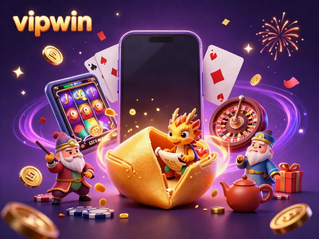 Experience thrilling wins with vipwin's vibrant 3D casino scene featuring fortune cookie and lucky dragon.