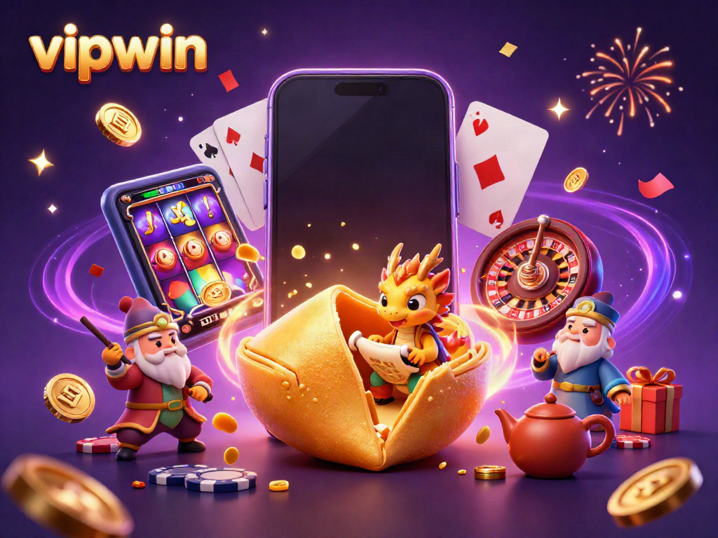 Experience thrilling wins with vipwin's vibrant 3D casino scene featuring fortune cookie and lucky dragon.